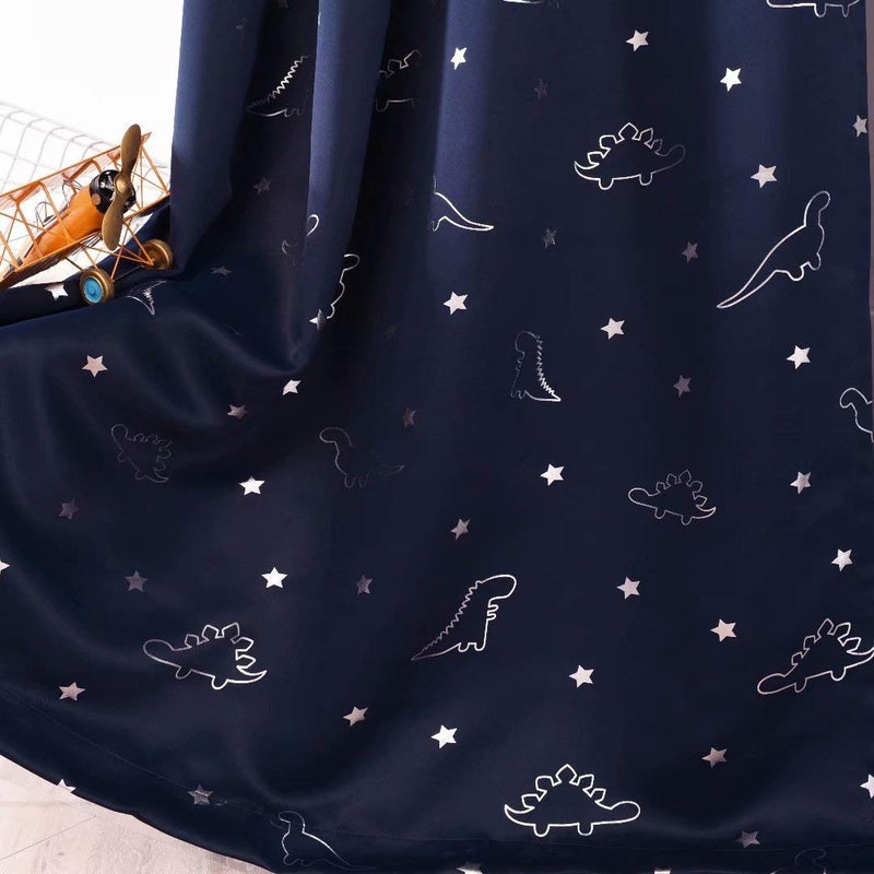 LORDTEX Dinosaur and Star Foil Print Blackout Curtains for Kids Room - Thermal Insulated Curtains Noise Reducing Window Drapes for Boys and Girls Bedroom, 52 x 84 Inch, Navy, Set of 2 Panels - Image 3